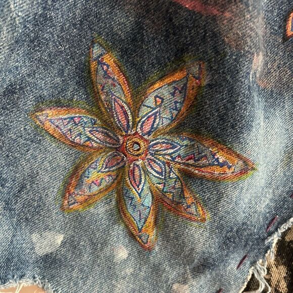 Patchwork Denim Jumper Skirt Upcycled Overall Dress Painted One of a Kind OS - Picture 11 of 16